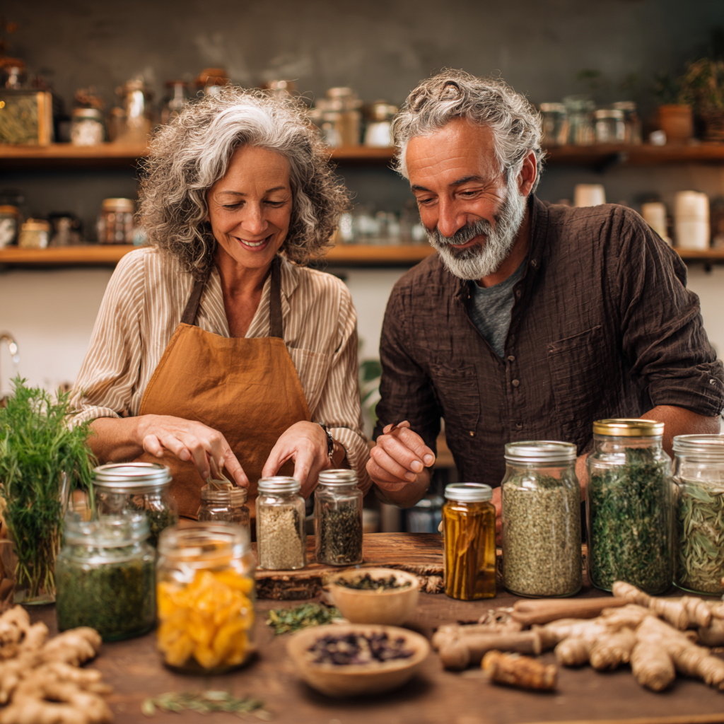 Middle-aged adults preparing herbal wellness solutions and natural ingredients for circulation support